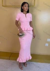 Wholesale Women's Elegant Ruffle Hem Textured Knit Short Sleeve Peplum Top and Maxi Skirt Set #7877 - Liuhuamall