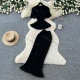 Wholesale Women's Elegant Ruffle Hem Textured Knit Short Sleeve Peplum Top and Maxi Skirt Set #7877 Black Clothing Wholesale Market Liuhua
