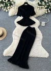 Wholesale Women's Elegant Ruffle Hem Textured Knit Short Sleeve Peplum Top and Maxi Skirt Set #7877 - Liuhuamall