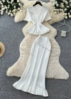 Wholesale Women's Elegant Ruffle Hem Textured Knit Short Sleeve Peplum Top and Maxi Skirt Set #7877 - Liuhuamall