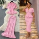 Wholesale Women's Elegant Ruffle Hem Textured Knit Short Sleeve Peplum Top and Maxi Skirt Set #7877 Pink Clothing Wholesale Market Liuhua