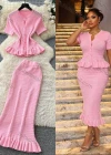 Wholesale Women's Elegant Ruffle Hem Textured Knit Short Sleeve Peplum Top and Maxi Skirt Set #7877 - Liuhuamall