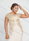 Wholesale Women's Cap Sleeve Round Neck Plain Sequin Embroidery Floor Length Mermaid Evening Dress - Liuhuamall