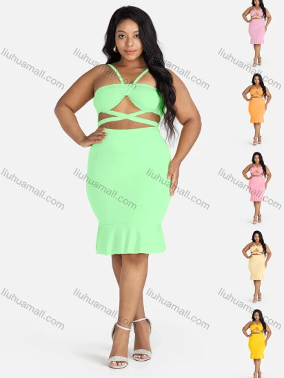 Wholesale Women's Sexy Clubwear Cutout Spaghetti Strap Sleeveless Ruffle Hem Bodycon Plain Dress