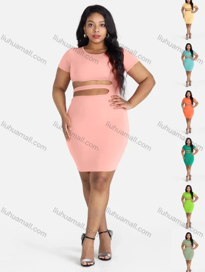 Wholesale Women's Sexy Clubwear Round Neck Short Sleeve Cutout Rings Bodycon Plain Dress
