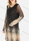 Wholesale Women's Elegant Allover Print Round Neck Sheer Mesh Long Sleeve Short Dress - Liuhuamall