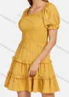 Wholesale Women's Square Neck Flounce Sleeve Shirred Swiss Dot Layered Dress - Liuhuamall