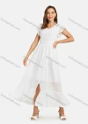 Wholesale Woman's Casual Plain V Neck Batwing Sleeve Front Slit Tiered Swiss Dot Plain Peplum Maxi Dress - Liuhuamall