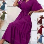 Wholesale Women's Casual Plain Swiss Dot Wrap V Neck Short Sleeve Midi Dress With Belt preview