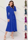 Wholesale Women's Casual Plain Collared Button Down Flap Pockets Long Sleeve Midi Shirt Dress With Belt - Liuhuamall