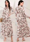 Wholesale Women's Casual Allover Print Tie Neck Long Sleeve Pleated Ruffle Hem Maxi Dress - Liuhuamall