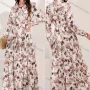 Wholesale Women's Casual Allover Print Tie Neck Long Sleeve Pleated Ruffle Hem Maxi Dress preview