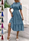Wholesale Women's Casual Plain Tie Neck Cold Shoulder Shirred Ruffle Trim Midi Dress - Liuhuamall