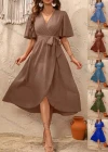 Wholesale women's Casual Plain Wrap V Neck Short Sleeve Wrap Hem Midi Dress With Belt - Liuhuamall