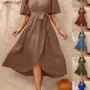 Wholesale women's Casual Plain Wrap V Neck Short Sleeve Wrap Hem Midi Dress With Belt preview