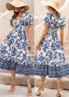 Wholesale Women's Casual Floral Print Wrap V Neck Puff Sleeve High Waist Ruffle Hem Midi Dress - Liuhuamall