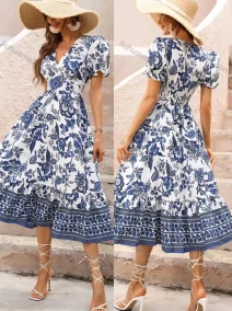 Wholesale Women's Casual Floral Print Wrap V Neck Puff Sleeve High Waist Ruffle Hem Midi Dress, LIUHUA CLOTHING WHOLESALE