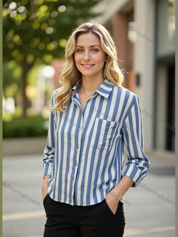 Wholesale Women's Casual Vertical Striped Blouse Long Sleeve Turn Down Collar