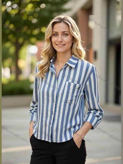 Wholesale Women's Casual Vertical Striped Blouse Long Sleeve Turn Down Collar