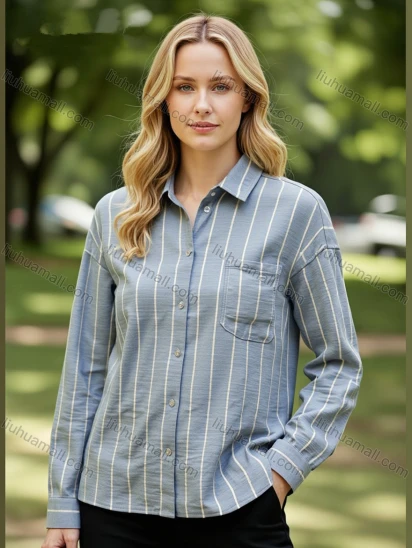 Wholesale Women's Casual Blue Vertical Stripe Long Sleeve Turn - Down Collar Shirt - Chest Pocket
