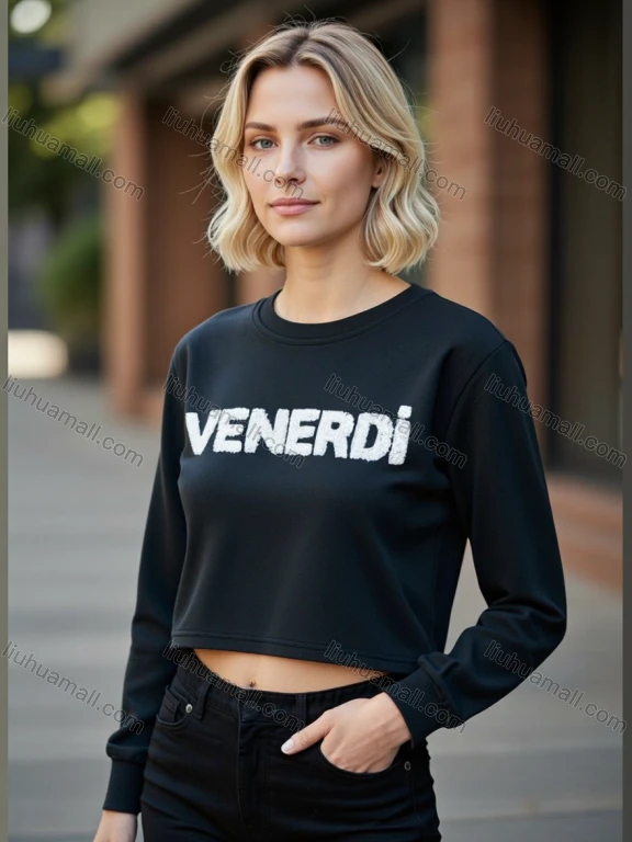Wholesale Women's Casual Black Crop Top Sweatshirt - VENERDI Graphic Print - Bulk Orders