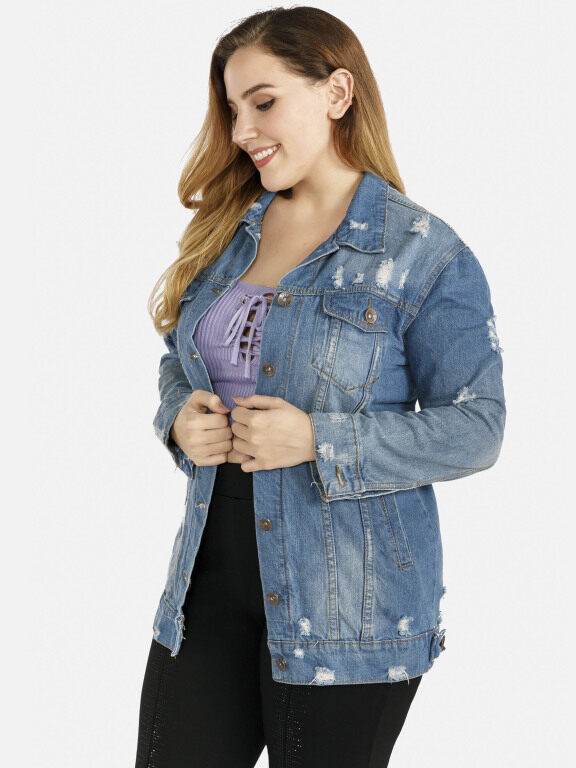 Women's Plus Size Casual Collared Button Ripped Distressed Denim Jacket, Clothing Wholesale Market -LIUHUA, Coats%20%26%20Jackets