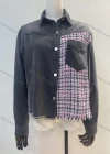 Wholesale Women's Fashion Button Down Frayed Raw Hem Woven Splicing Patch Pocket Denim Overshirt - Liuhuamall