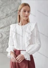 Wholesale Women's Round Neck Poet Sleeve Ruffle Trim Button Down Eyelet Lace Plain Blouse AY198# - Liuhuamall