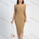 Wholesale Women's Deep V Neck Ribbed Knitted Bodycon Plain Long Sleeve Sweater Midi Dress Khaki Clothing Wholesale Market Liuhua