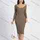 Wholesale Women's Deep V Neck Ribbed Knitted Bodycon Plain Long Sleeve Sweater Midi Dress B610# Clothing Wholesale Market Liuhua