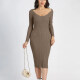 Women's Deep V Neck Ribbed Knitted Bodycon Plain Long Sleeve Sweater Midi Dress B610# Clothing Wholesale Market -LIUHUA