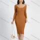 Wholesale Women's Deep V Neck Ribbed Knitted Bodycon Plain Long Sleeve Sweater Midi Dress B694# Clothing Wholesale Market Liuhua