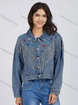Wholesale Women's Casual Rhinestones Fringes Buttons Down Long Sleeve Denim Jacket 30272#, LIUHUA CLOTHING WHOLESALE