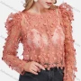 Wholesale Women's Sexy Floral Embroidery Round Neck Sheer Long Sleeve Blouse preview