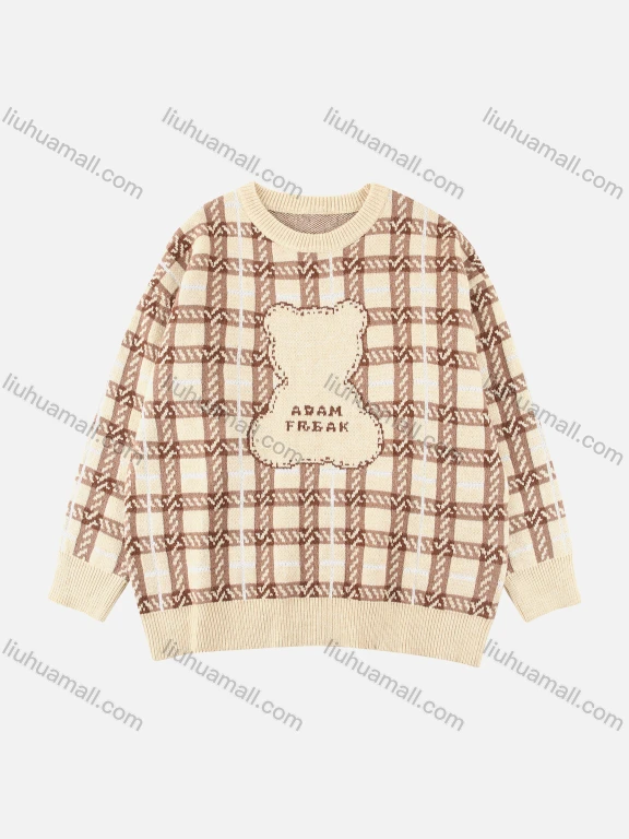Wholesale Men's Striped Grid Bear Print Round Neck Ribbed Cuff Sweater
