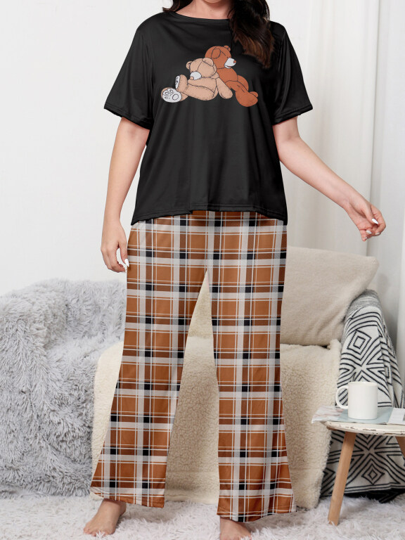 Women's Lounge Milk Silk Bear Print Short Sleeve T-shirt & Plaid Print Pant Soft Pajamas Sets DM02302-03#, Clothing Wholesale Market -LIUHUA, Women, Women-s-Top