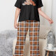 Women's Lounge Milk Silk Bear Print Short Sleeve T-shirt & Plaid Print Pant Soft Pajamas Sets DM02302-03# Black & Khaki Clothing Wholesale Market -LIUHUA