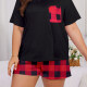 Women's Lounge Milk Silk Patchwork Patch Pocket Short Sleeve T-shirt & Plaid Print Shorts Pajamas Sets DM2308# Black & Red Clothing Wholesale Market -LIUHUA