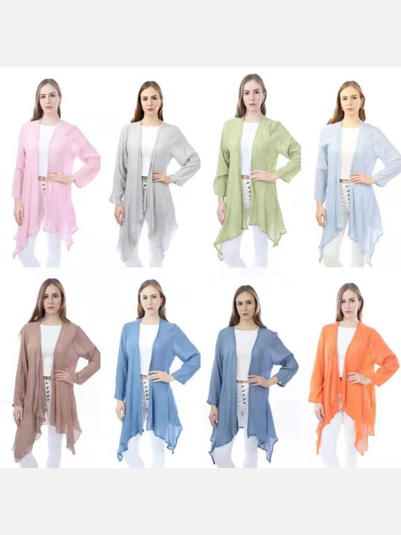 Women's Linen Loose Fit Long Sleeve Hanky Hem Plain Mid Length Cardigan, Clothing Wholesale Market -LIUHUA, Women, Women-s-Outerwear, Women-s-Jacket