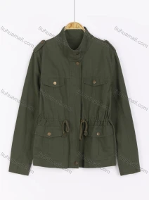 Wholesale Women's Plain Stand Collar Drop Shoulder Flap Pockets Drawstring Zip Up Military Jacket, LIUHUA CLOTHING WHOLESALE