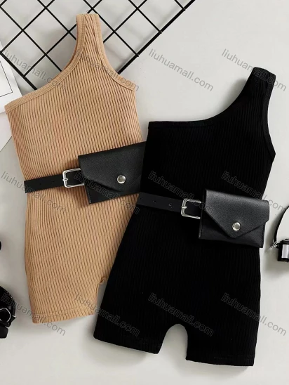 Wholesale Girl's Casual Plain One Shouler Rib-knit Romper With Belt