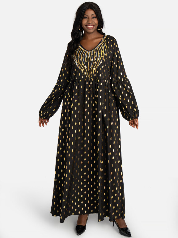 Women's Causal V Neck Long Sleeve Rhinestone Polka Dot African Maxi Dress, Clothing Wholesale Market -LIUHUA, 