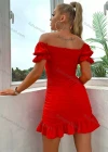 Wholesale Women's Sexy Off Shoulder Poet Sleeve Ruffle Trim Ruched Plain Short Dress AY187# - Liuhuamall