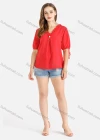 Wholesale Women's Casual V Neck Puff Sleeve Pearl Decor Lace Trims Blouse - Liuhuamall
