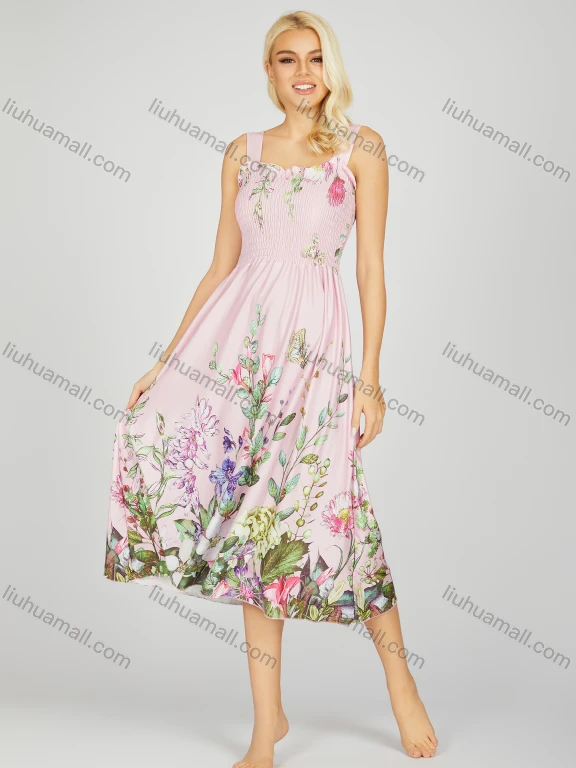 Wholesale Women's Milk Silk Floral Print Ruffle Trim Shirred Ruched Midi Tank Night Dress 20-19#
