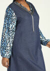 Wholesale Women's Casual V Neck Leopard Print Ruffled Long Puff Sleeve Midi Denim Dress - Liuhuamall