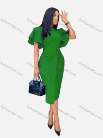 Wholesale Women's Plain Round Neck Ruffle Sleeve Button Front Bodycon Cocktail Midi Dress, LIUHUA CLOTHING WHOLESALE