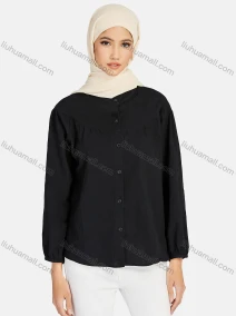 Wholesale Women's Casual Plain Ruffle Neck Elastic Cuff Button Down Blouse 1325#, LIUHUA CLOTHING WHOLESALE