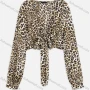 Wholesale Women's Sexy Deep V Neck Long Sleeve Leopard Tie Front Crop Tops preview