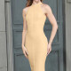 Women's Elegant Plain Bodycon Halter Midi Dress T3510# Clothing Wholesale Market -LIUHUA